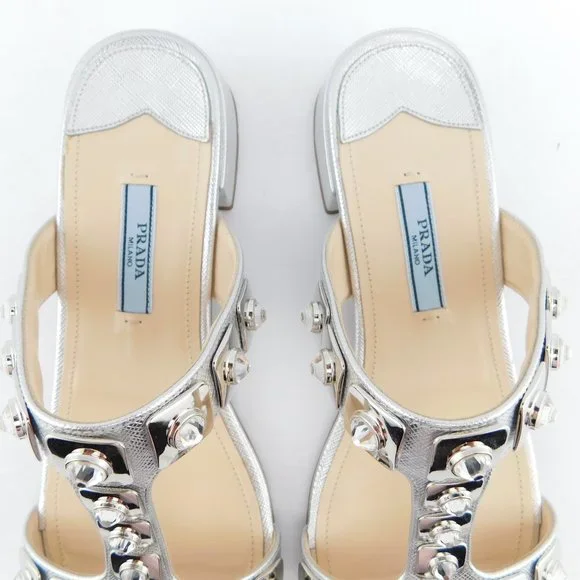 PRADA Crystal Embellished Silver Saffiano T-Strap Block Heel Slide Sandals 37.5 - Picture 4 of 10